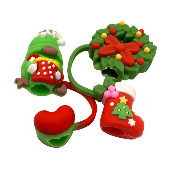 Gnome Christmas Wreath 3D Straw Topper Covers Bundle Holiday Stocking Stuffers - Picture 2 of 3